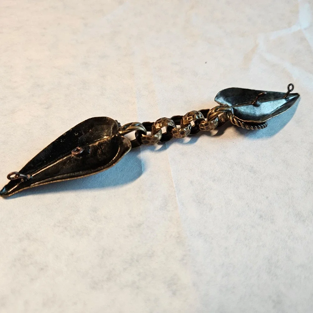 Vtg Bronze Leaf Hammered Chain Cloak Jacket Clasp Fastener Clip Hook Handmade